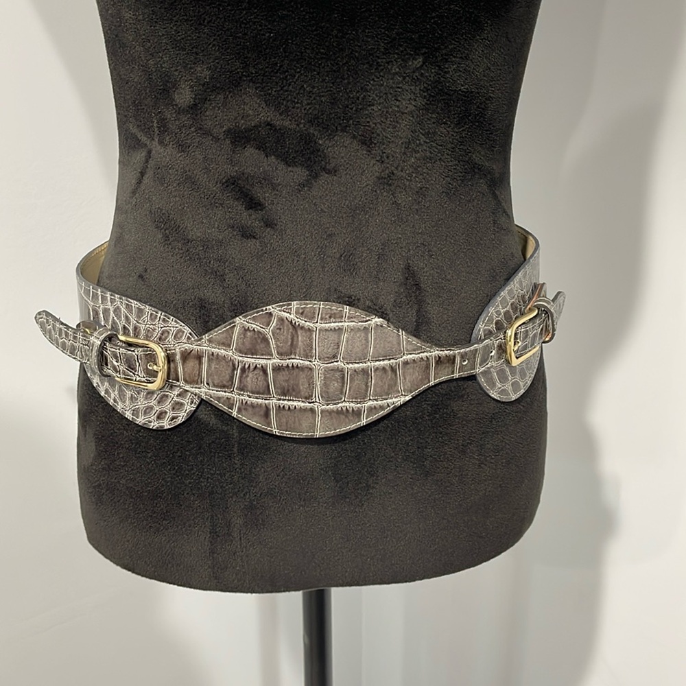 Reiss Gray Croc-Embossed Leather Waist Belt with Gold Buckles